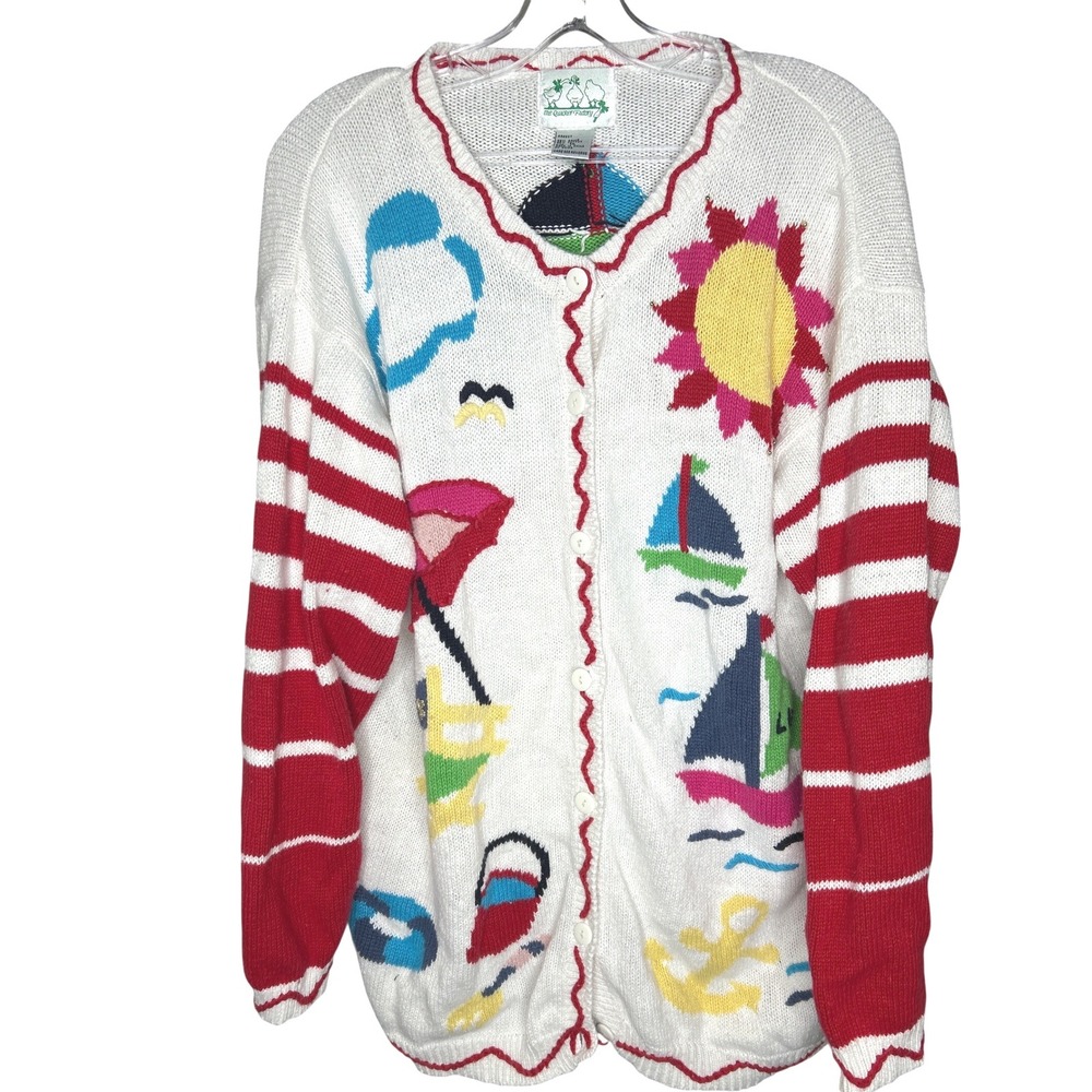 The Quacker Factory 1X Nautical Beach Sailboat Cardigan Sweater White Red